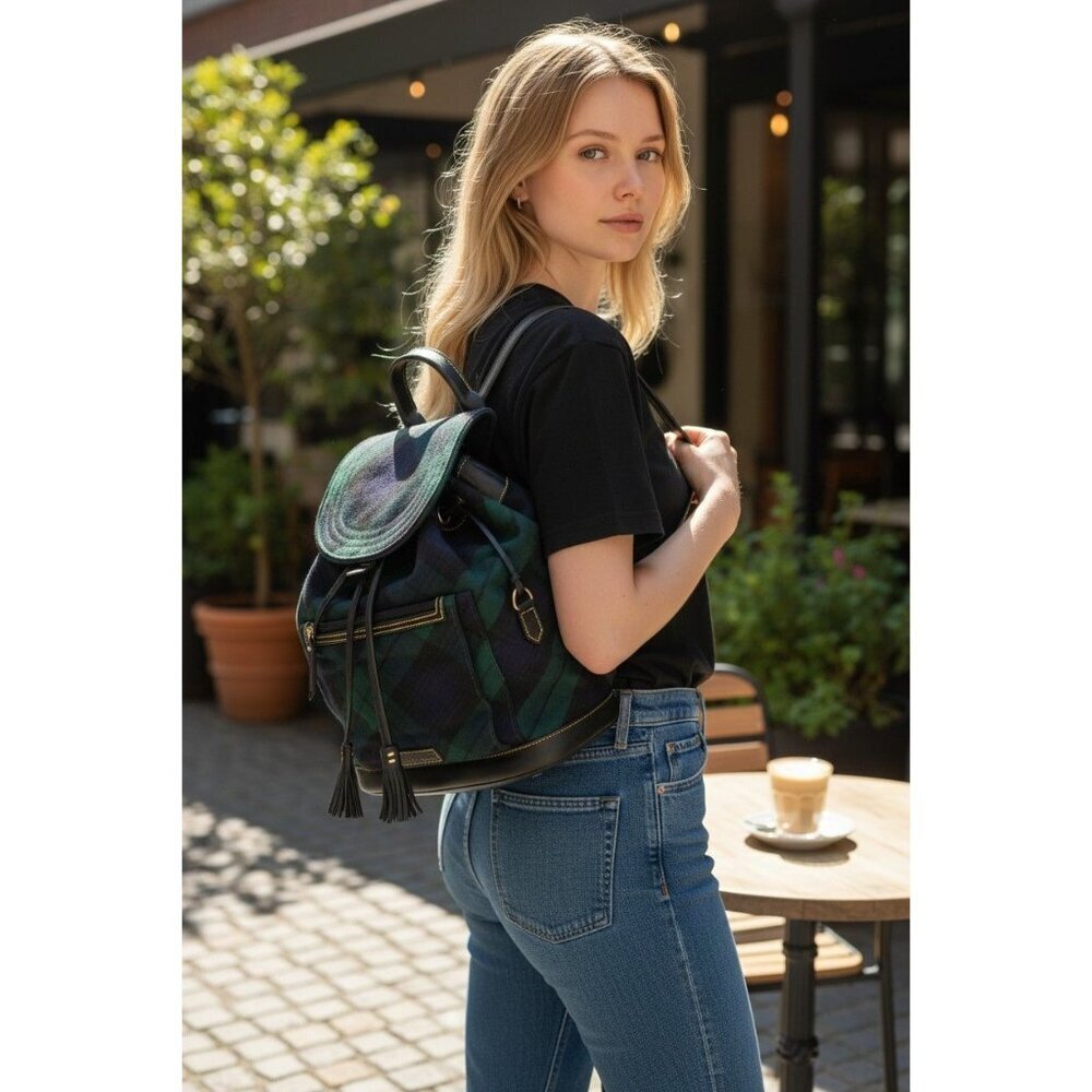 Dooney & Bourke Plaid Canvas & Leather Backpack With Tassel Accents